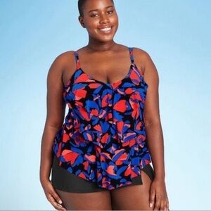 Aqua Green Women's Swim Top - Blue and Red Floral